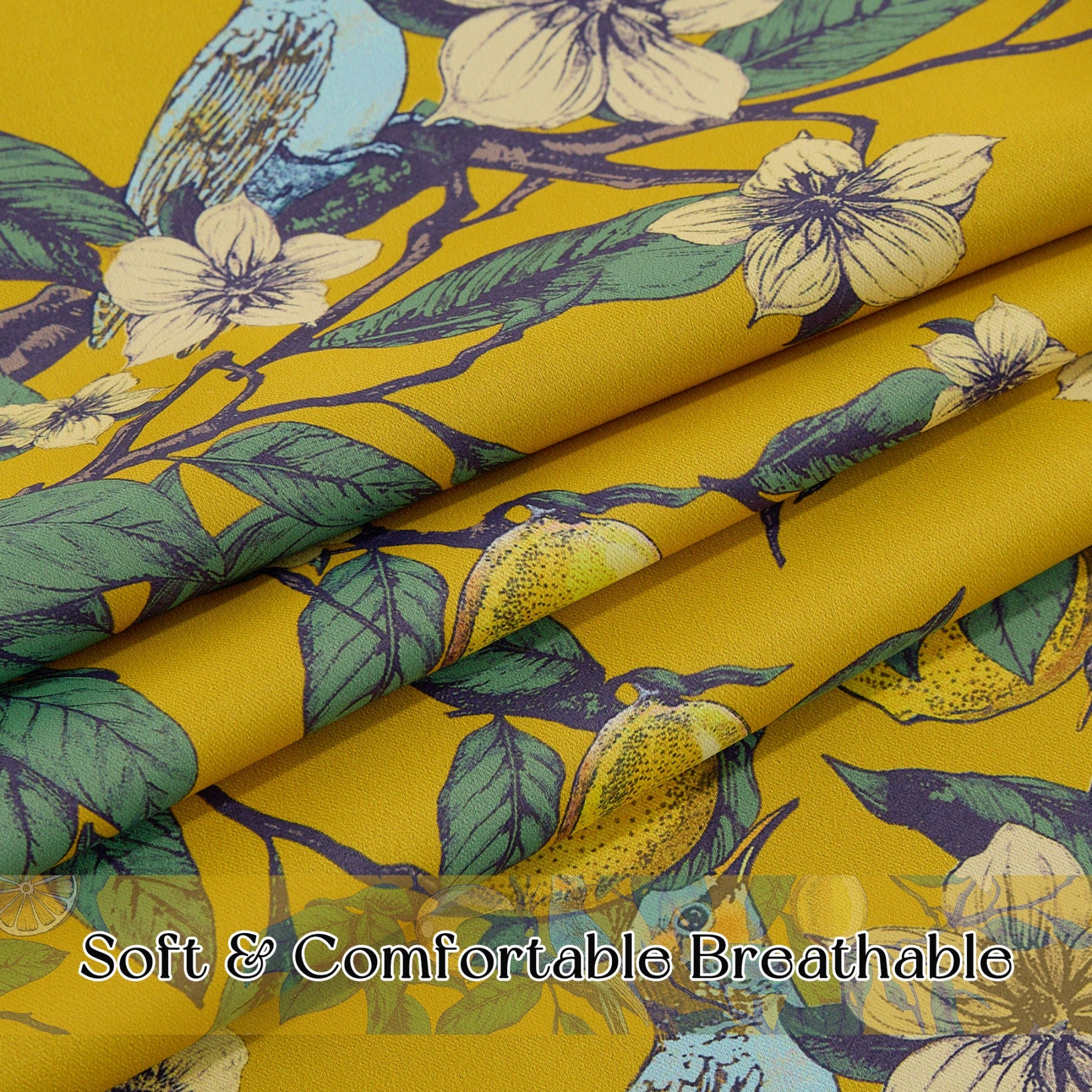 PONY DANCE Rideaux Occultants Motif Colibri Citron Style Illustration Mid Century pour Salon, Chambre, 2 Panneaux, L 132 x H 220 cm, Jaune Moutarde