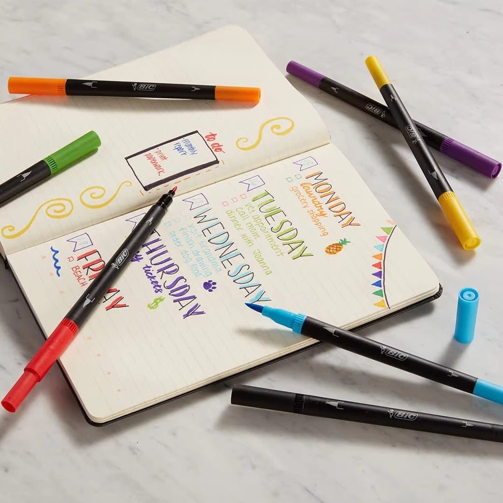 BIC Intensity Dual Tip Boîte de 6 feutres d’écriture pointe fine + pinceau