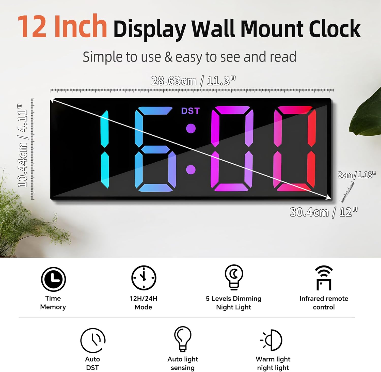 HATITANG PH-05 Horloge murale numérique 12" Noir