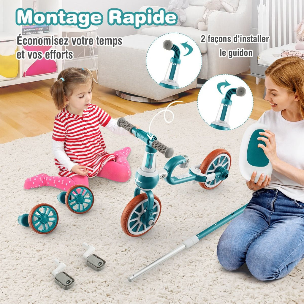 Vélo pour enfants 4-en-1, vélo d'apprentissage avec barre de poussée pour parents, dimensions 37 × 72 × 101 cm, vert
