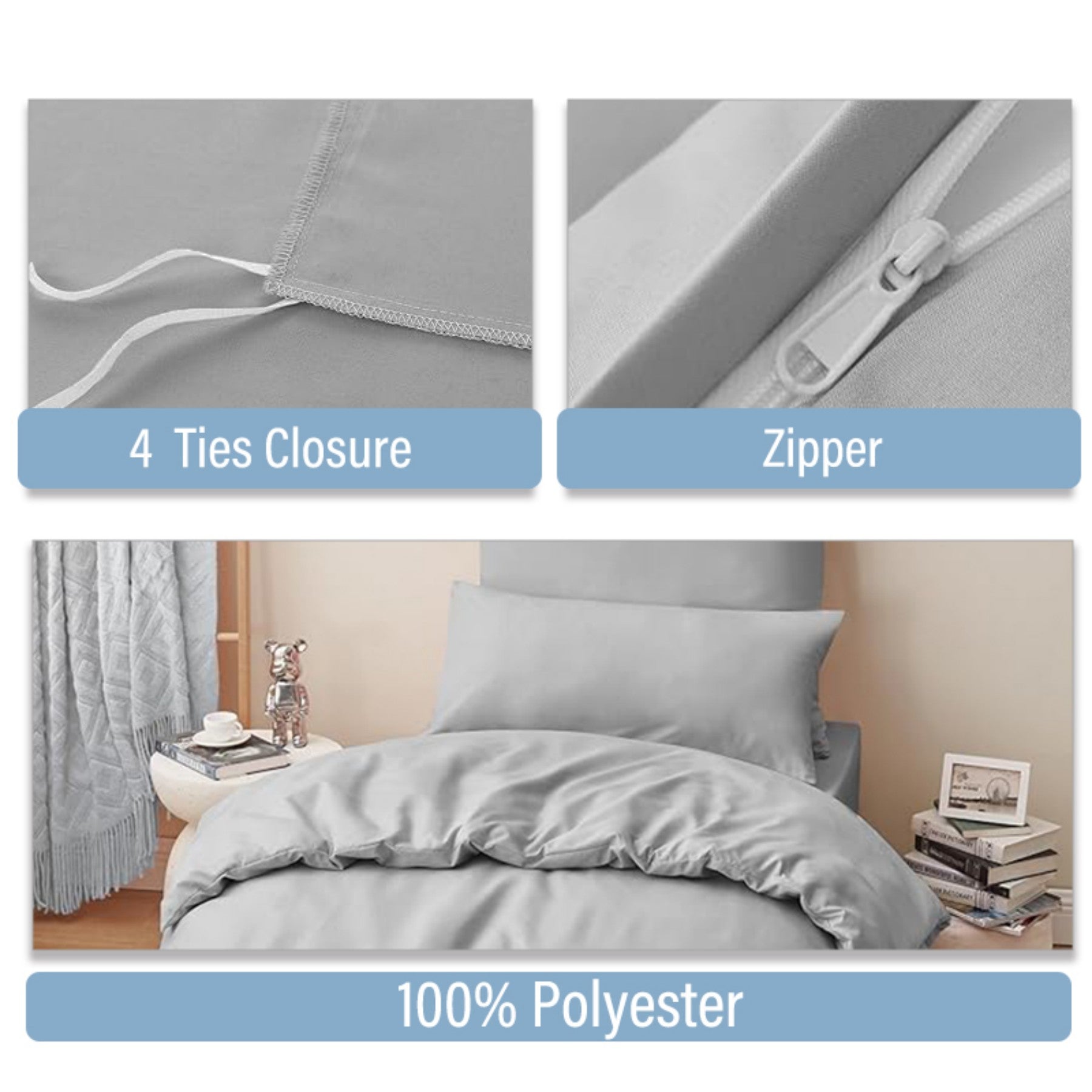 LeBonsoir Parure de lit brossée avec 1 housse de couette 135 x 200 cm et 1 taie d’oreiller 80 x 80 cm, avec fermeture éclair - Gris clair
