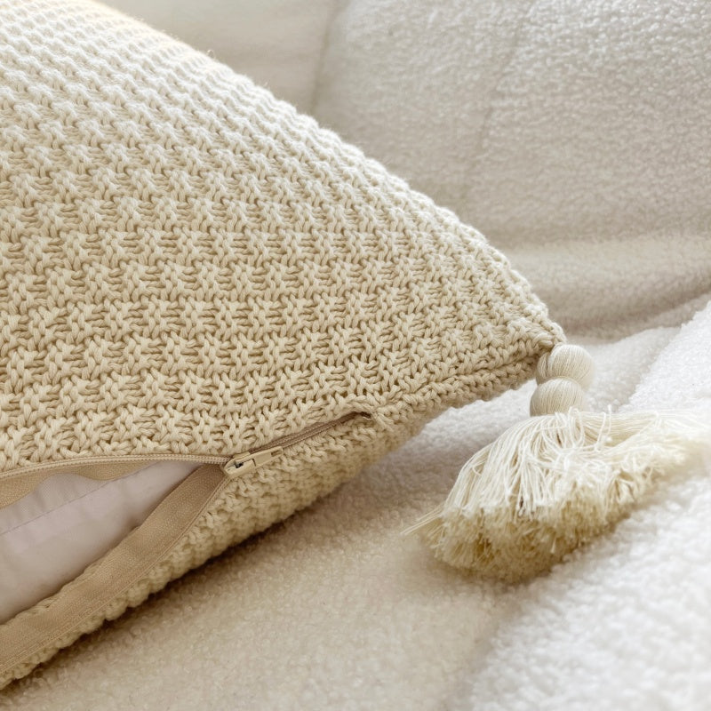 MEROPE, Housse de coussin en coton tricoté à franges, 50x50 cm, ivoire, 1 pack