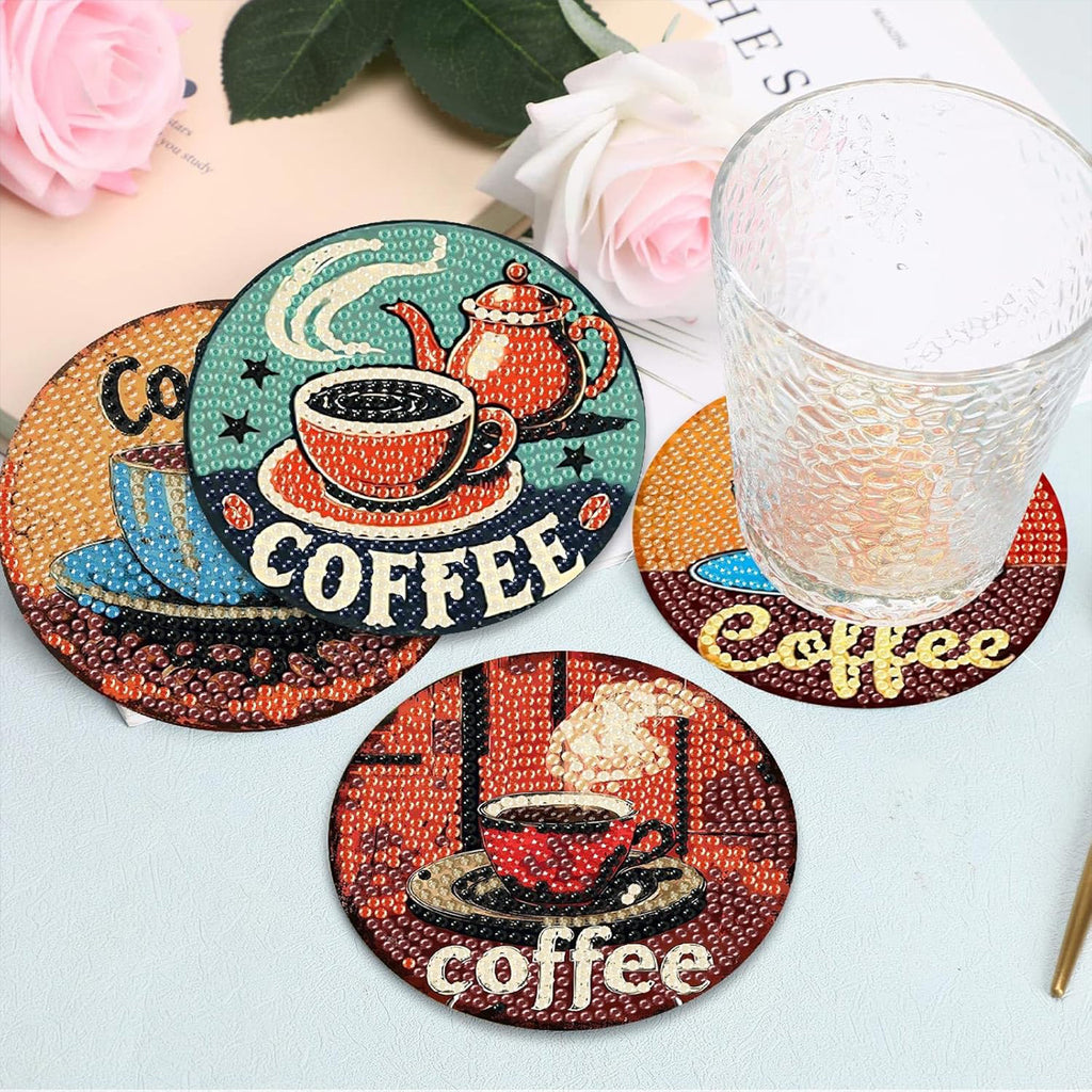 Ju7cer Ensemble de sous-verres de peinture diamant café - 8 pièces carrés sous-verres d'art décoratif avec support | Bricolage DIY pour adultes 4×4 pouces (10×10 cm)