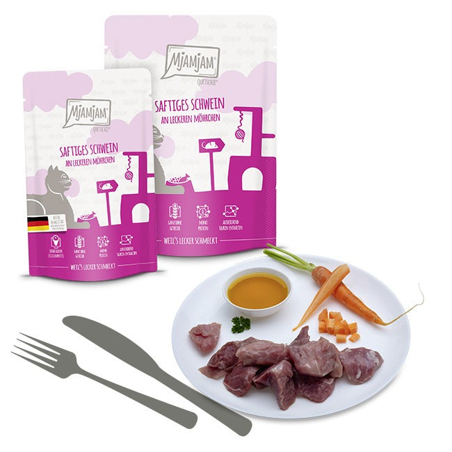 MjAMJAM Quetschie Nourriture humide pour chat porc carotte 125 g