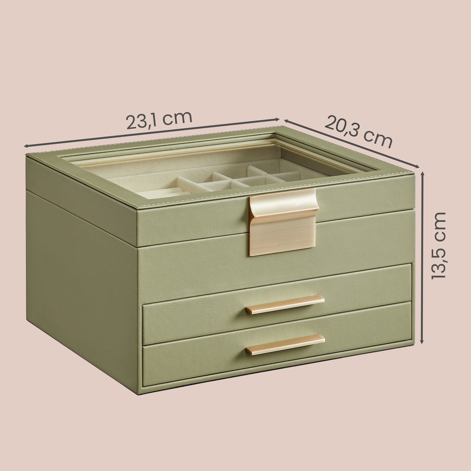JOYFURNOS Boîte à bijoux avec couvercle en verre – Vert Sauge & Or, 3 niveaux, 2 tiroirs, organiseur de rangement moderne, taille 20,3 x 23,1 x 13,5 cm – excellente idée cadeau