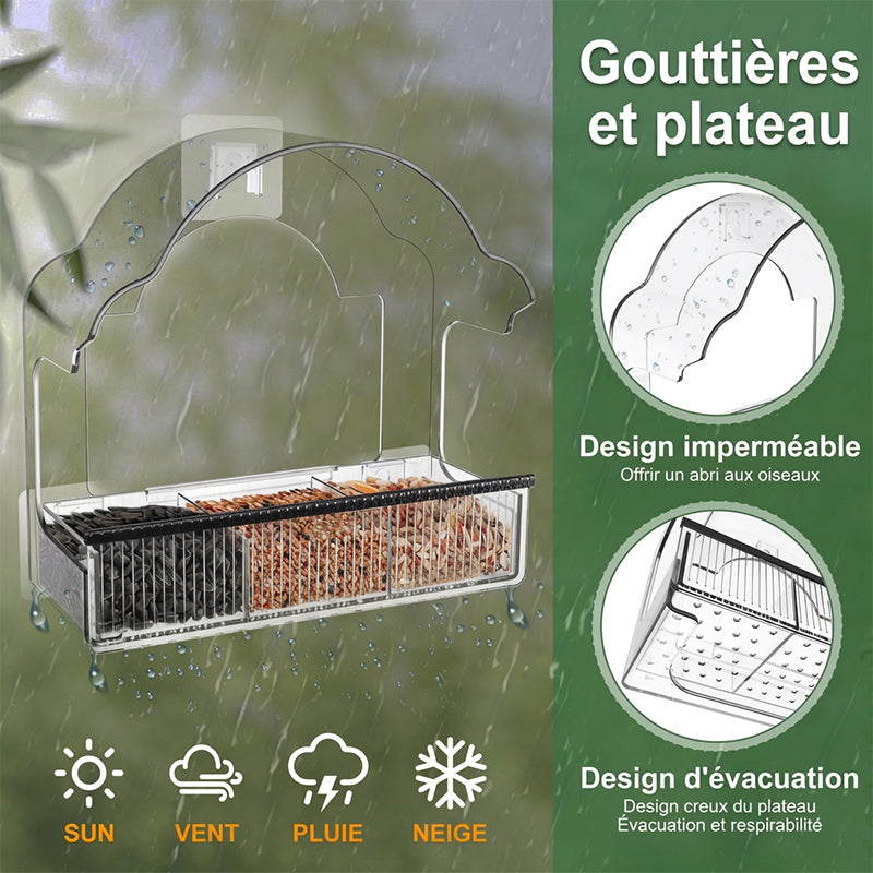 Blinkit Mangeoire en acrylique avec ventouse pour fenêtre, Design transparent, 6 ventouses solides, Gouttières élargies imperméables, Observation des oiseaux à la fenêtre, Noir/Blanc/Gris