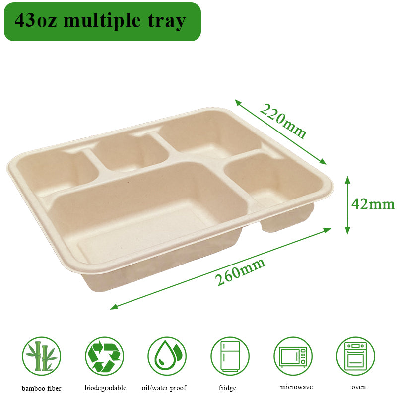 Rui bamboo Plateau jetable en fibre de bambou 43oz à 5 compartiments - Lot de 50