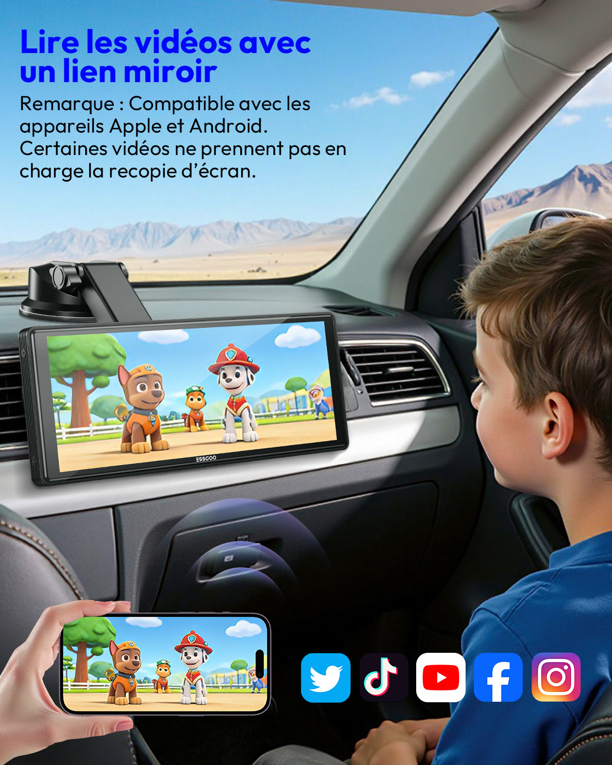 ESSGOO 10,26 Pouces Écran CarPlay HD Portable, CarPlay Sans Fil & Android Auto & Mirror Link, Mise à jour OTA, Navigation GPS, Musique, Commande Vocale, Logo de démarrage personnalisé