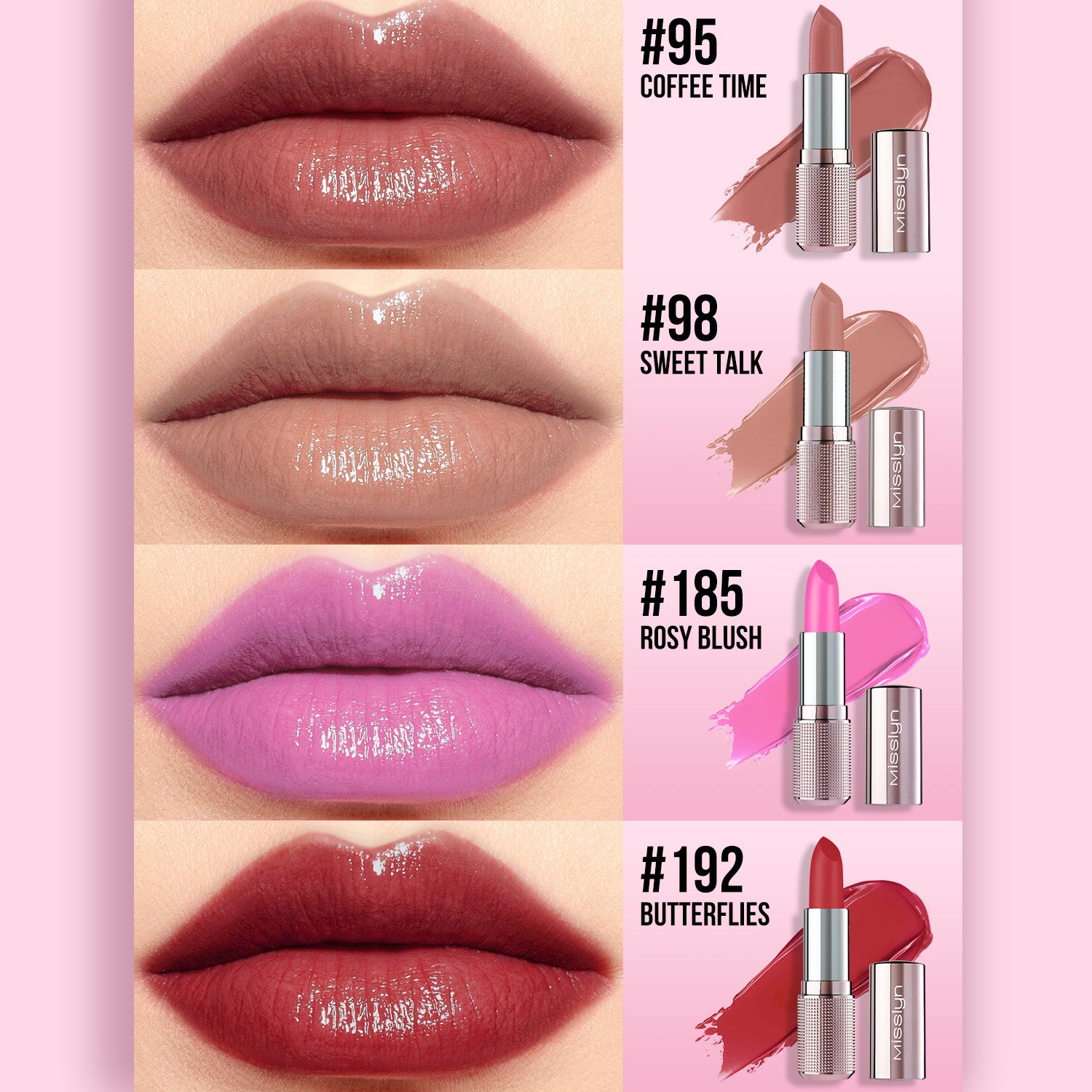 Misslyn Kiss My Lips Coffret 2 (95 Coffee Time + 98 Sweet Talk + 185 Rosy Blush + 192 Butterflies In My Stomach)