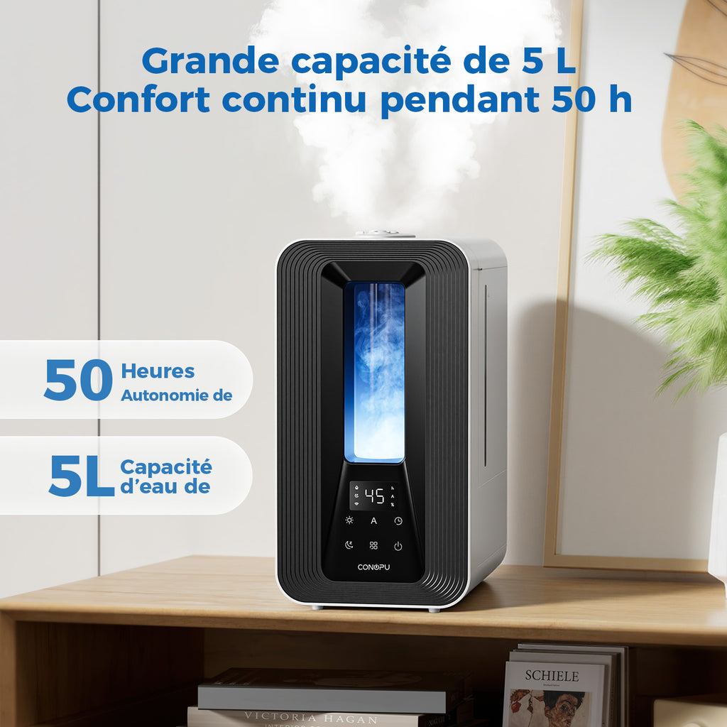 CONOPU Humidificateur à ultrasons 5 L pour chambre, Contrôle automatique intelligent de l'humidité, 2 buses à 360°, Mode sommeil silencieux, Diffuseur d'arômes, Éclairage LED, Minuterie 24 h