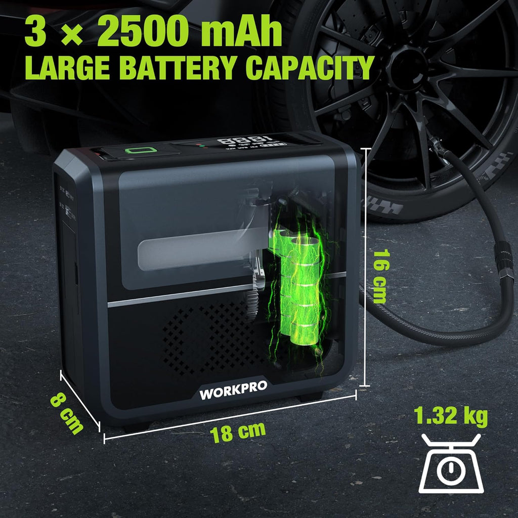 WORKPRO pompe à air électrique sans fil 3-en-1 avec éclairage LED, batterie externe intégrée, compresseur à batterie, écran d'affichage et protection d'arrêt automatique