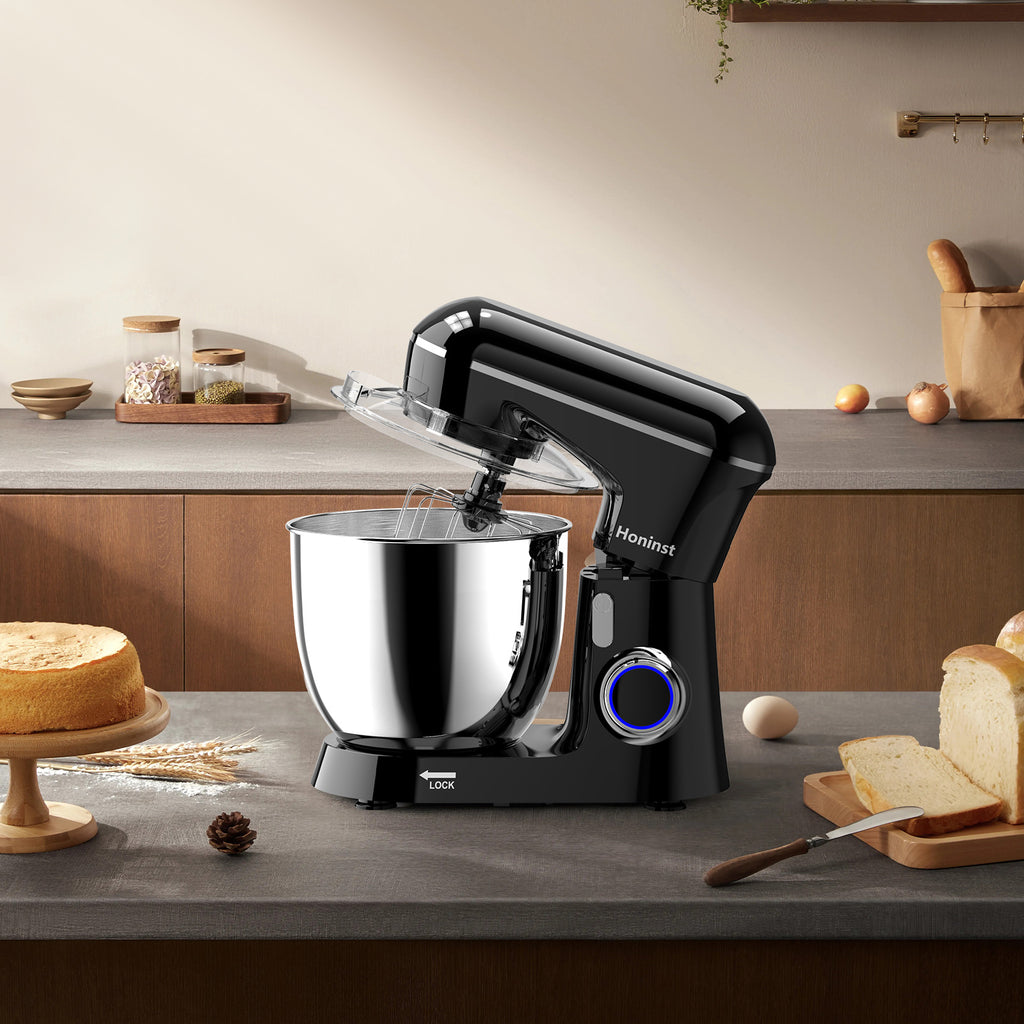 HONINST Robot pâtissier électrique à tête inclinable 6,5 qt 10 vitesses, robot de cuisine 3 en 1 avec bol, crochet pétrisseur, fouet et batteur plat