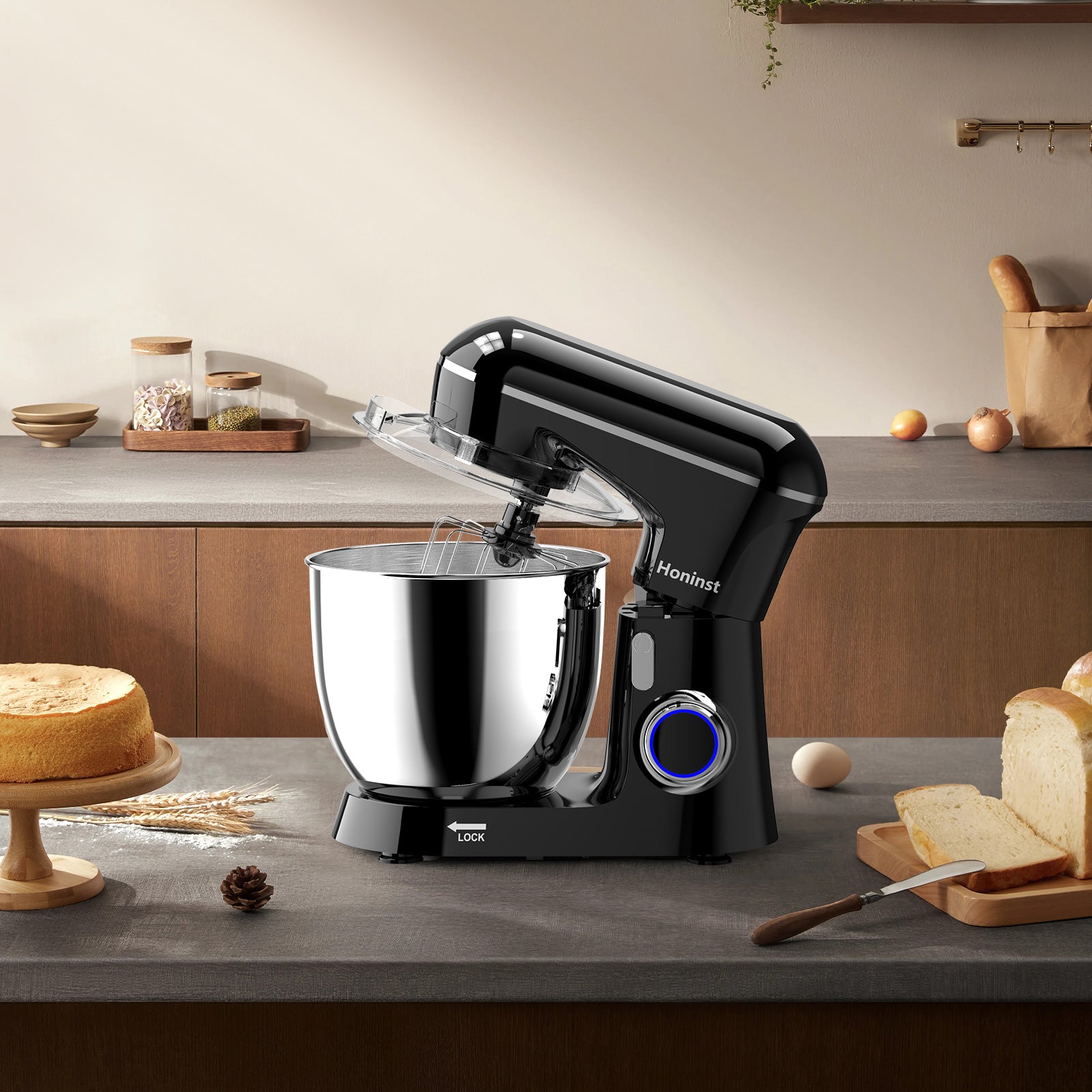 HONINST Robot pâtissier électrique à tête inclinable 6,5 qt 10 vitesses, robot de cuisine 3 en 1 avec bol, crochet pétrisseur, fouet et batteur plat