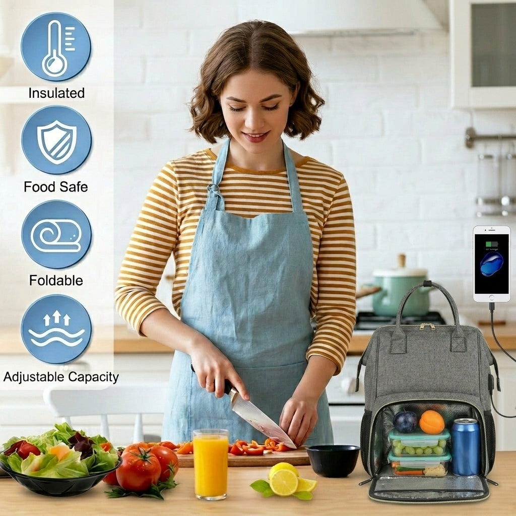Sac à dos isotherme pour le déjeuner pour femmes et hommes, sac ordinateur 15,6 pouces et sac de voyage avec port USB, imperméable pour hommes, université et affaires, gris