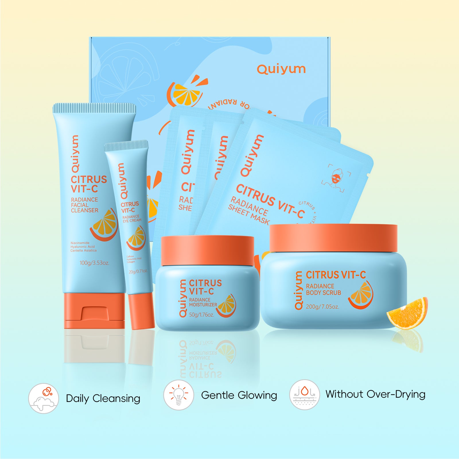 Quiyum Coffret de soins vitamine C agrumes 11 pièces Nettoyant visage 100 g Crème contour des yeux 20 g Crème visage 50 g Gommage corps 200 g Masque visage 25 g × 3 Avec élastiques
