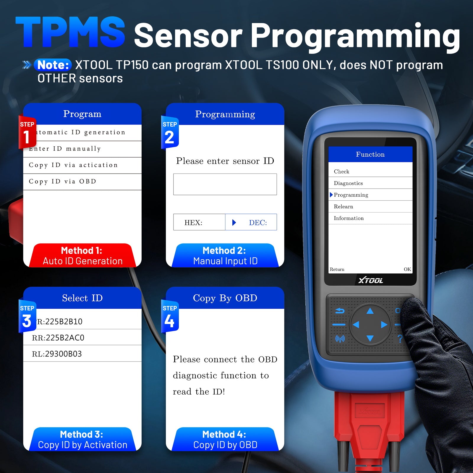 XTOOL TP150 Outil de programmation TPMS, de réapprentissage/réinitialisation/activation TPMS (315/433 MHz), programmateur de capteur de pression des pneus