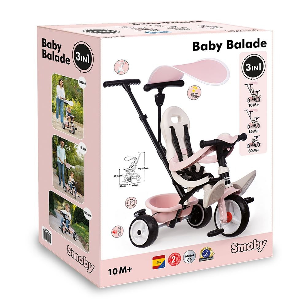 Smoby - Tricycle Baby Balade Rose - Evolutif 3 en 1 - Poignée Parentale Réglable - Frein de Parking, Repose-pied, Pare-soleil Anti-UV - A Partir de 10 Mois Jusqu'à 3 Ans - Fabrication Espagnole