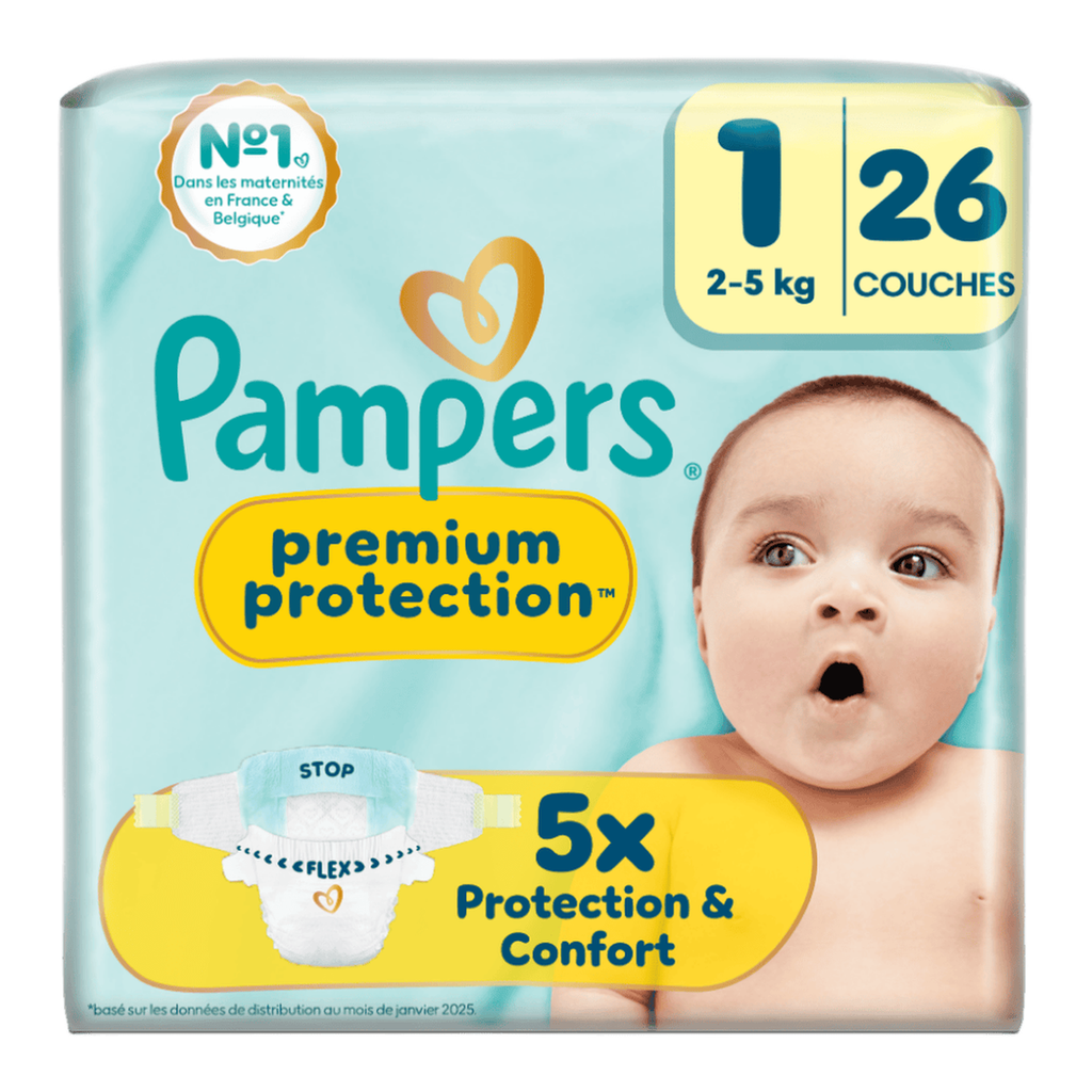 Pampers Premium Protection Taille 1, x26 Couches, 2-5kg, Notre N°1 Pour La Protection De La Peau Et Contre Les Fuites