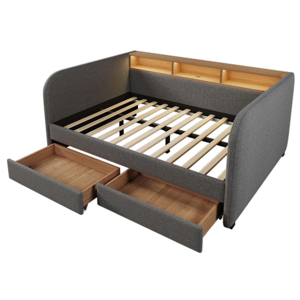 URBAN MEUBLE Lit superposé 140x190 cm, 1 pièce, tissu en lin, gris, avec tête de lit LED et prise de charge USB-C