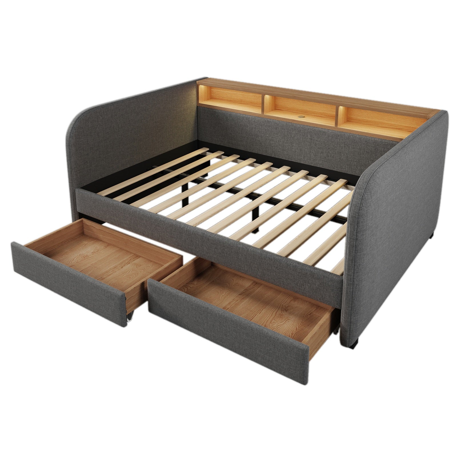 URBAN MEUBLE Lit superposé 140x190 cm, 1 pièce, tissu en lin, gris, avec tête de lit LED et prise de charge USB-C