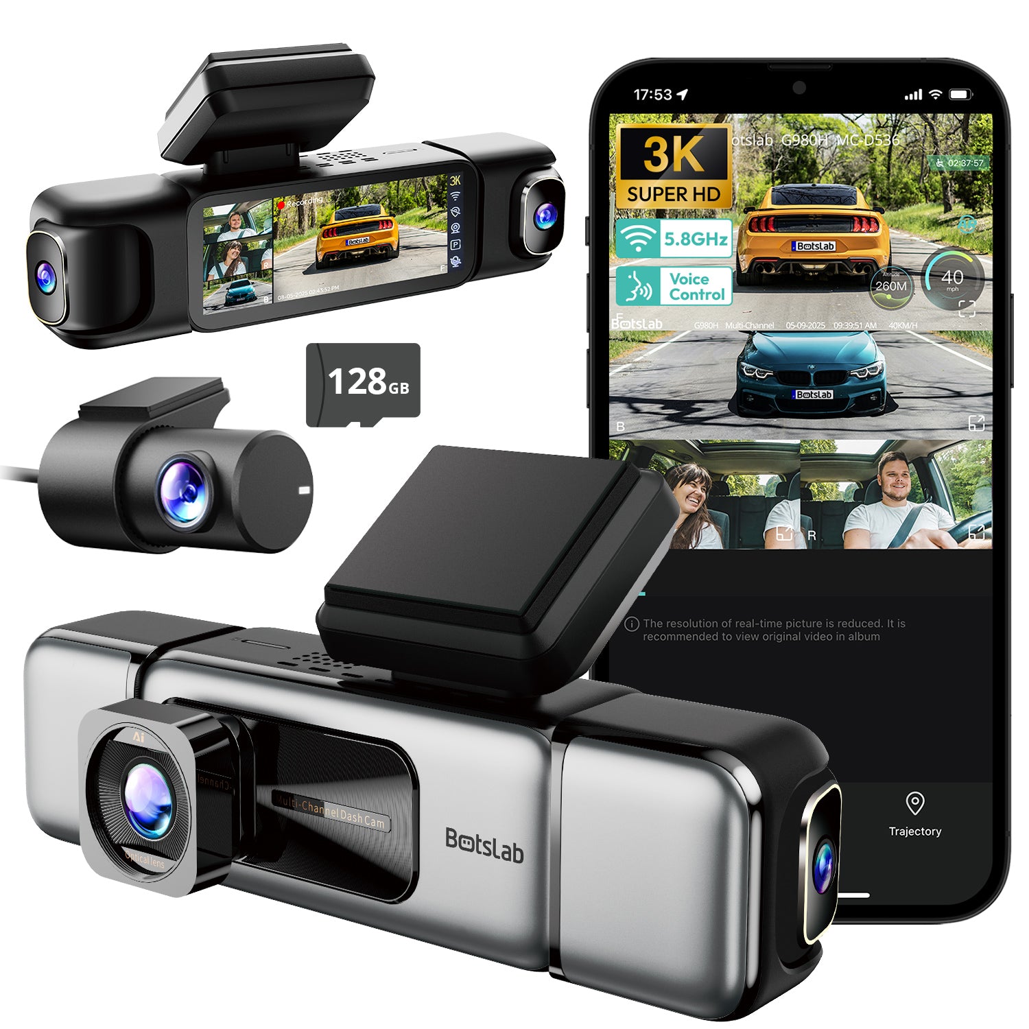 Botslab Dashcam 3K à 4 canaux, vision à 560° sur tous les côtés, caméra intérieure avant et arrière avec écran tactile de 3,18 pouces, mode parking 24h/24 et 7j/7, GPS intégré