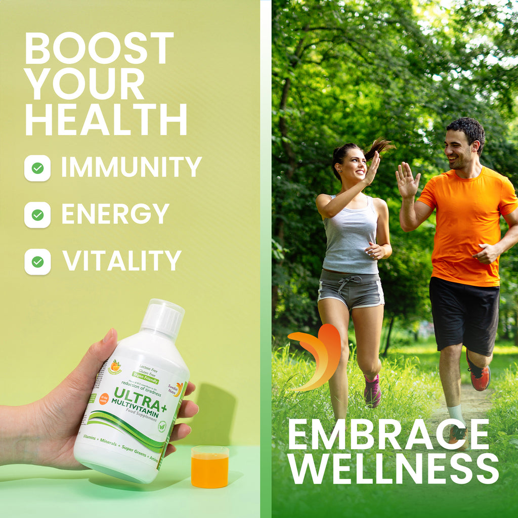 Swedish Nutra Ultra+ Multivitamines Liquide Complément Alimentaire - 500 ml, 33 Jours d'Approvisionnement | Vitamines, Minéraux, Super Greens & Aminos | Boost Énergie, Bien-être & Système Immunitaire | Arôme Orange | Pour Hommes & Femmes