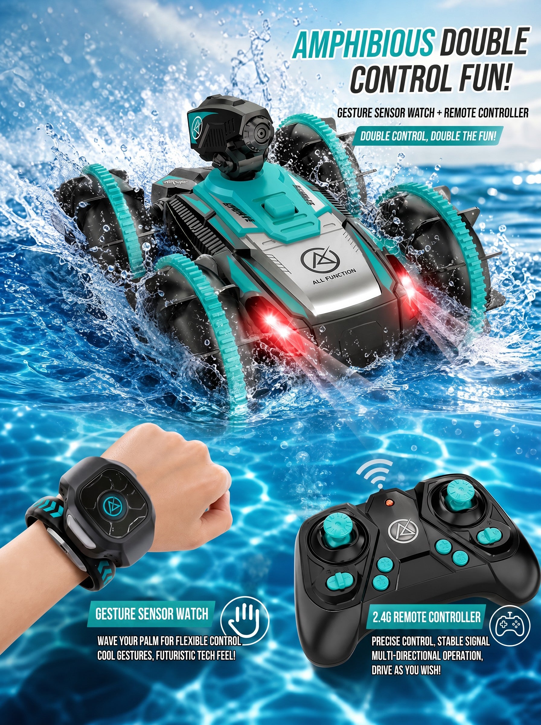 Tank RC amphibie à double commande gestuelle, voiture de cascade étanche sur terre et sur l'eau, jouet LED à tirer de l'eau et rotation à 360° pour enfants 8+, un seul modèle en vert