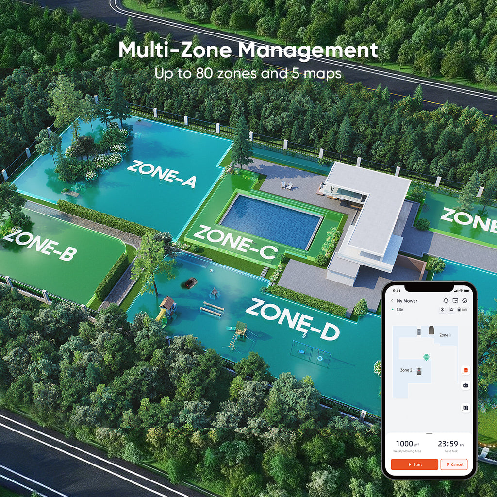 Sunseeker S5 AWD Robot Tondeuse Sans Fil à Guidage Périphérique pour 1600 m² – Navigation RTK + Vision IA, Pentes Jusqu'à 60 %, Cartographie Automatique, Multi-Zones, Contrôle Via Application