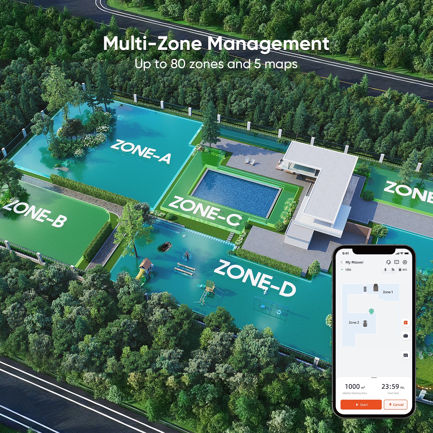 Sunseeker S5 AWD Robot Tondeuse Sans Fil à Guidage Périphérique pour 1600 m² – Navigation RTK + Vision IA, Pentes Jusqu'à 60 %, Cartographie Automatique, Multi-Zones, Contrôle Via Application