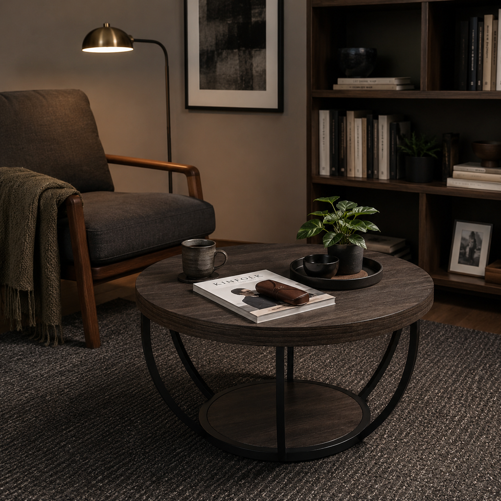 LANTINE Table basse ronde 80 cm à 2 niveaux avec étagères de rangement - Gris