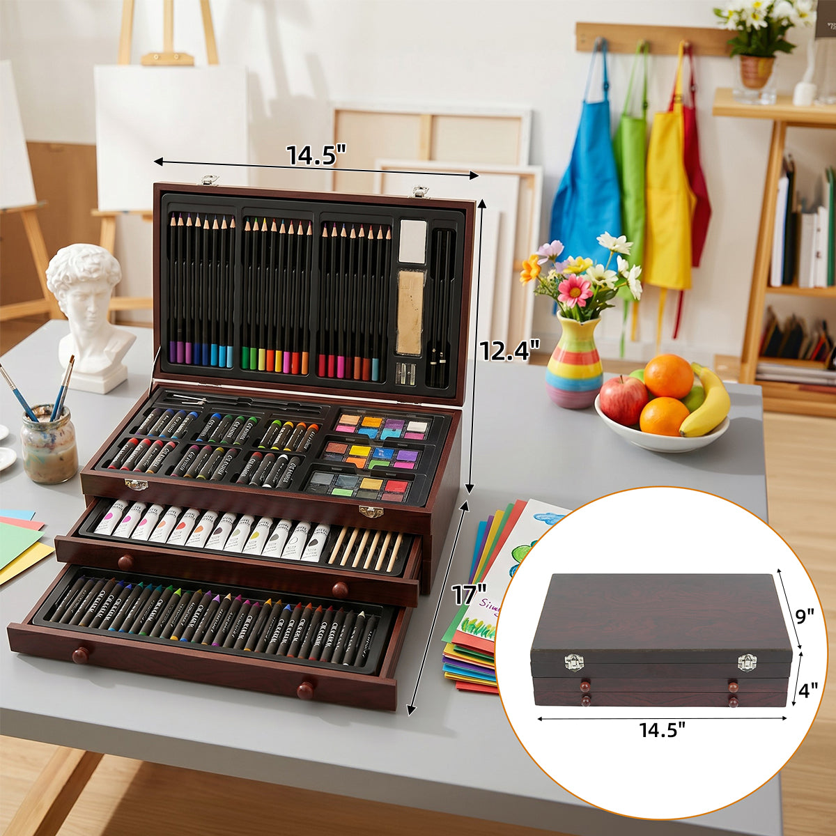 Coffret cadeau en bois de 175 pinceaux de peinture - Bois naturel