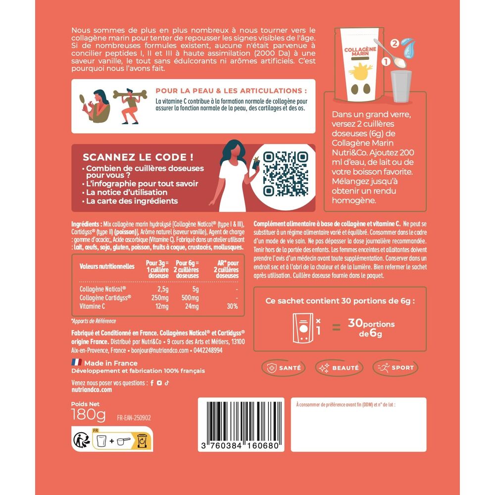 Nutri&Co Collagène marin type 1, 2 et 3 - goût vanille - 180 g