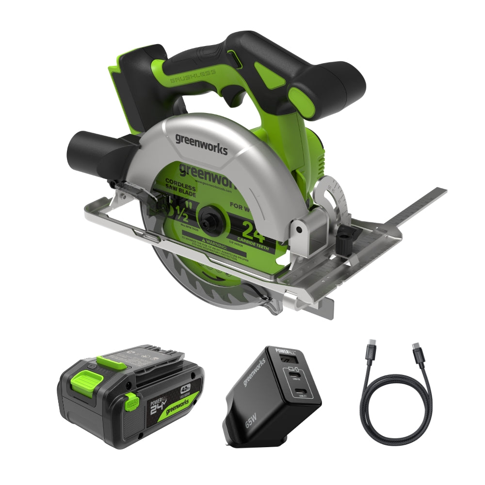 Greenworks 24 V scie circulaire sans fil sans balais, 165 mm, 5 000 tr/min, lame de 20 mm, profondeur de coupe réglable 45°/90°, éclairage LED, sans batterie et chargeur