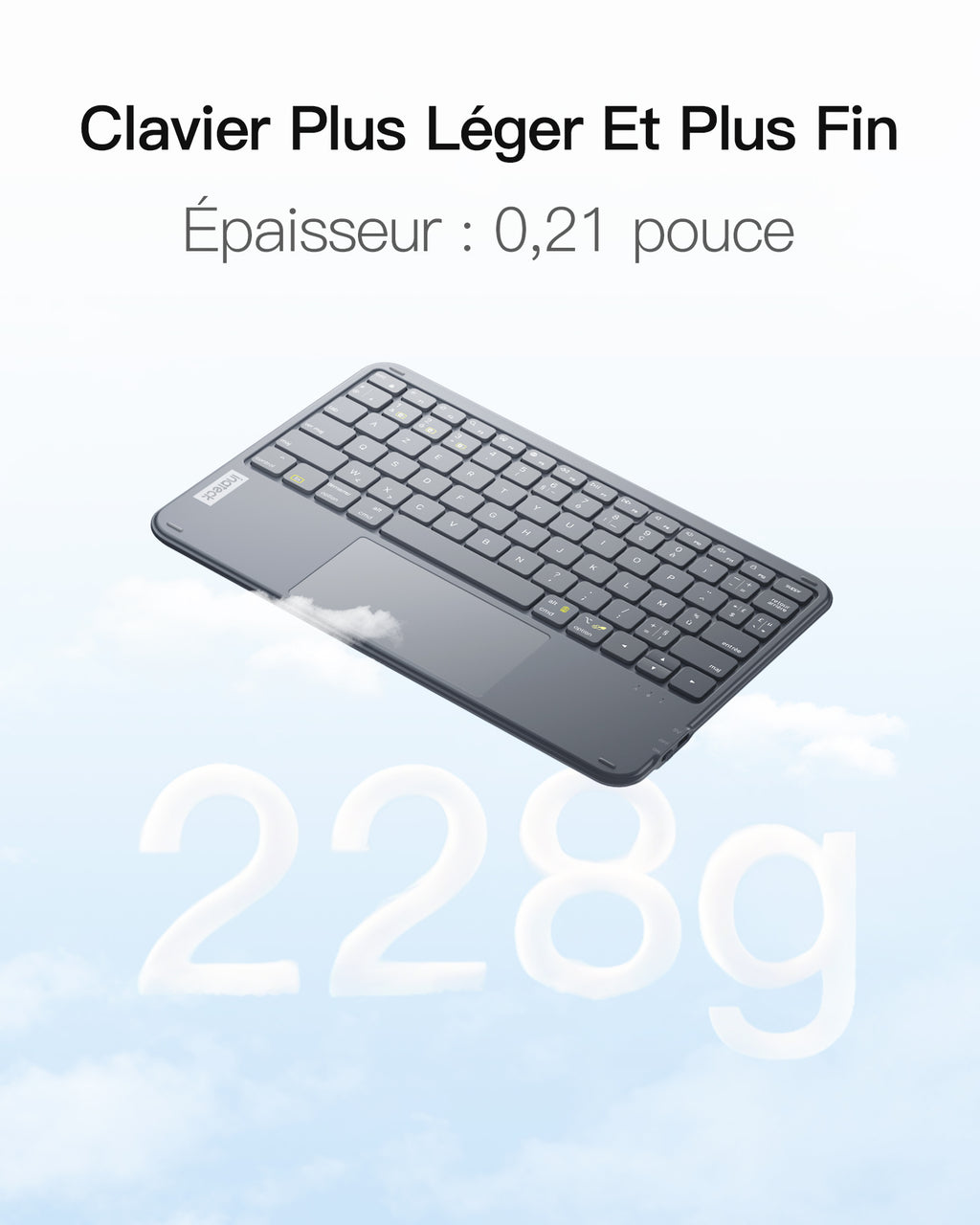 Inateck Clavier Bluetooth 3 canaux avec pavé Tactile, Clavier sans Fil AZERTY Ultra Fin et Portable, Compatible avec iPad OS,Windows et Android, KB01105 Gris