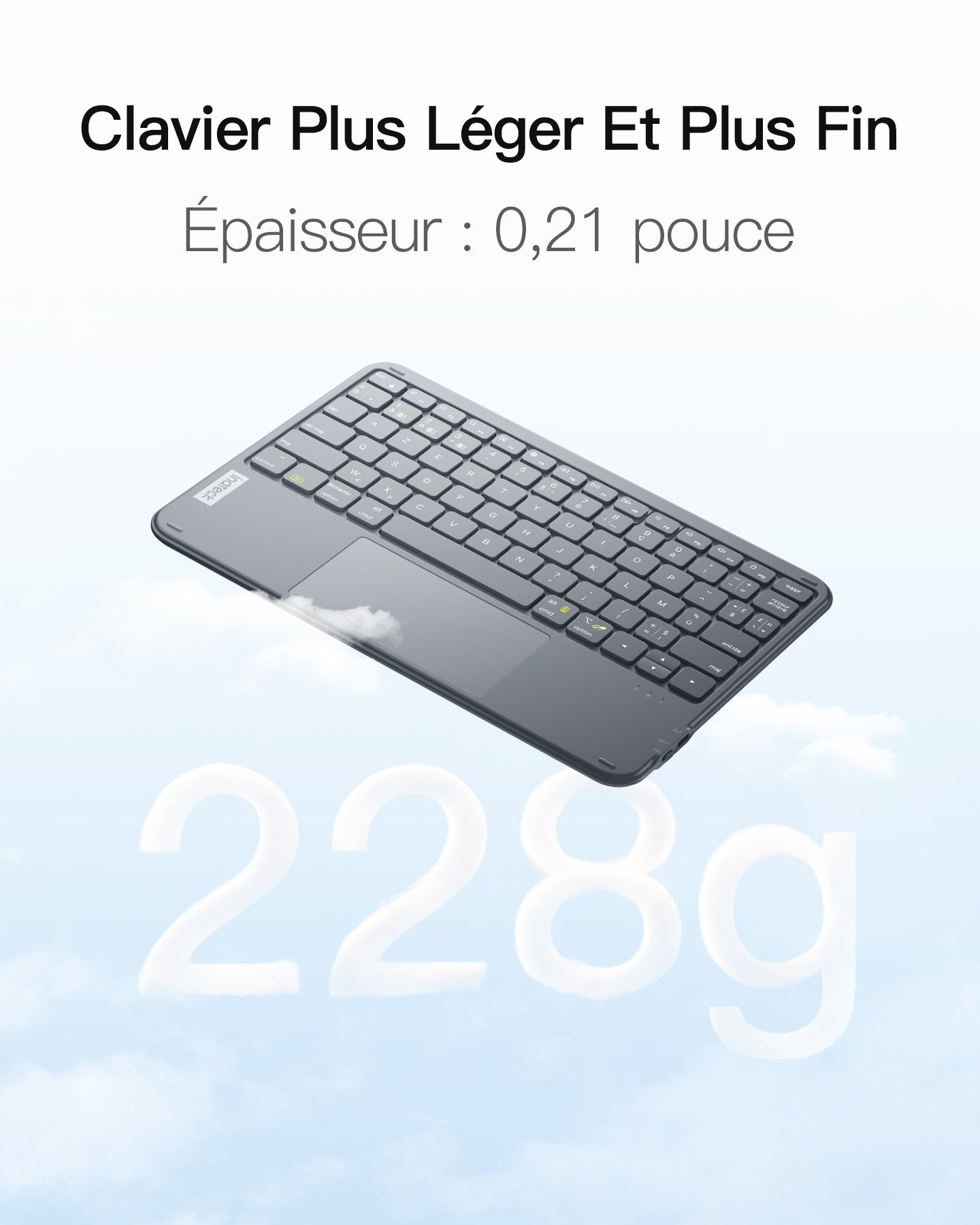 Inateck Clavier Bluetooth 3 canaux avec pavé Tactile, Clavier sans Fil AZERTY Ultra Fin et Portable, Compatible avec iPad OS,Windows et Android, KB01105 Gris