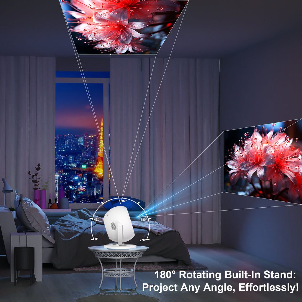 XBJ Projecteur intelligent portable 360°, Full HD 1080P, Rotation à 360° pour projection plafond/mur/table, Projecteur d’extérieur, 500 lumens, Écran 120 pouces, Correction trapézoïdale automatique et 6D, Home cinéma, Wi-Fi/BT/HDMI, Compatible avec t