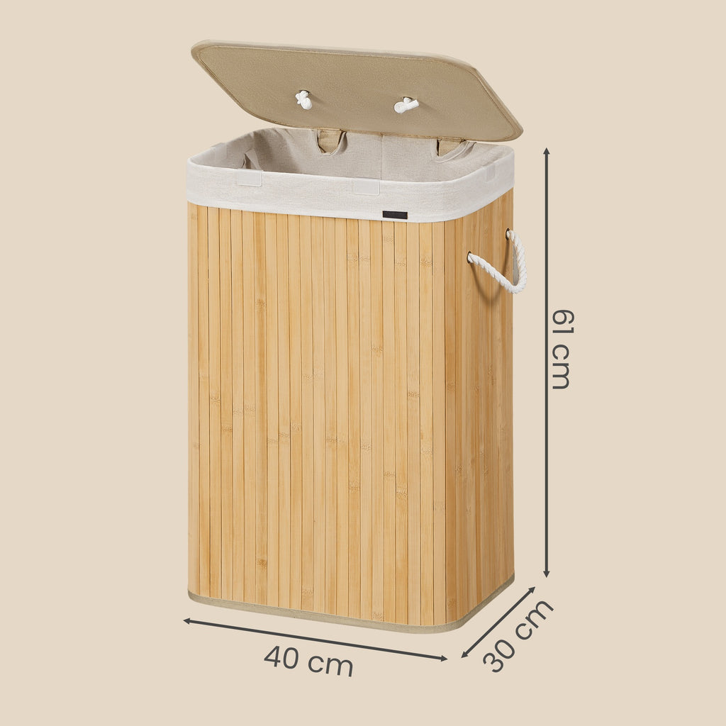 JOYFURNOS Panier à linge avec couvercle, panier de lavage pliable en bambou avec sac doublure amovible et cadre en bois solide, grande capacité de 72L, taille gain de place 40x30x61cm, idéal pour chambre, salle de bain, buanderie, dortoir, Naturel