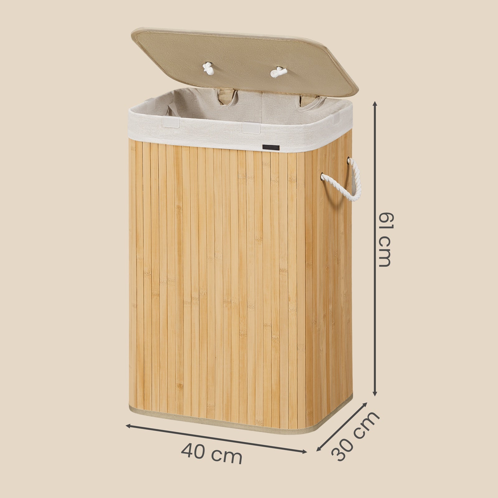 JOYFURNOS Panier à linge avec couvercle, panier de lavage pliable en bambou avec sac doublure amovible et cadre en bois solide, grande capacité de 72L, taille gain de place 40x30x61cm, idéal pour chambre, salle de bain, buanderie, dortoir, Naturel