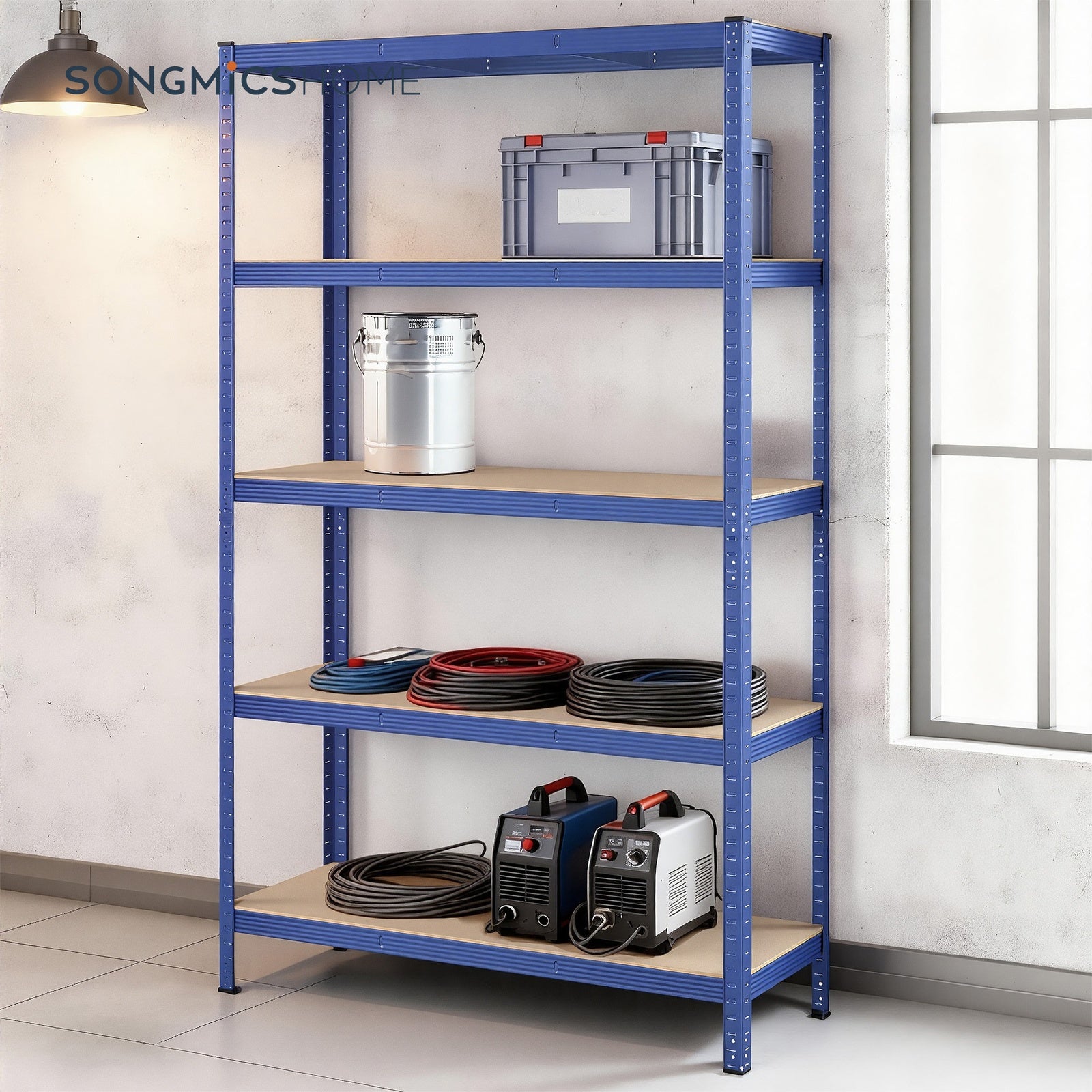 JOYFURNOS Étagère à 5 niveaux, Étagère de rangement en acier, Pour garage et abri, Capacité de charge 750 kg, Bleu