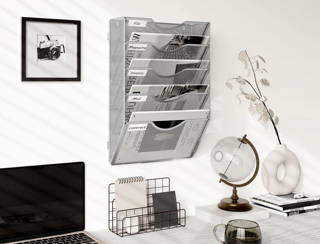 Senhoglb Porte-documents mural A4 en maille 5 niveaux Argent