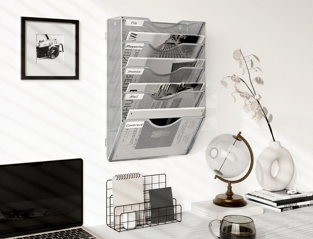Senhoglb Porte-documents mural A4 en maille 5 niveaux Argent