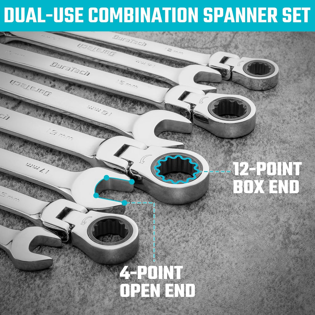 DURATECH Jeu de 12 clés à cliquet à tête flexible, 8-19 mm, Acier Cr-V | Design à tête flexible à 180°, Cliquet à 72 dents, Acier chrome-vanadium, Bout fermé à 12 points