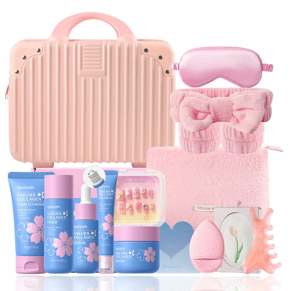 Quiyum Coffret de soins Sakura au collagène (13 pièces) : Nettoyant 50 g, Lotion tonique 120 ml, Sérum 30 ml, Crème contour des yeux 20 g, Crème 50 g, Stickers pour ongles, Bandeau