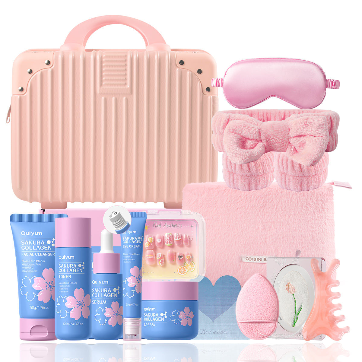 Quiyum Coffret de soins Sakura au collagène (13 pièces) : Nettoyant 50 g, Lotion tonique 120 ml, Sérum 30 ml, Crème contour des yeux 20 g, Crème 50 g, Stickers pour ongles, Bandeau