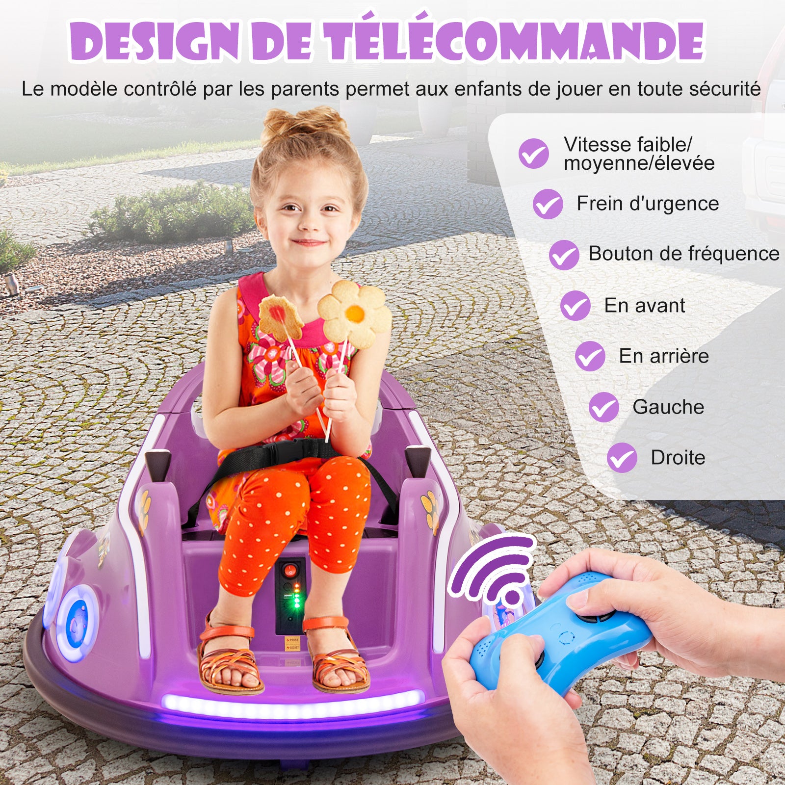 Costway Voiture électrique pour enfants 12 V, rotation à 360 degrés, avec musique, lumières et télécommande, violet