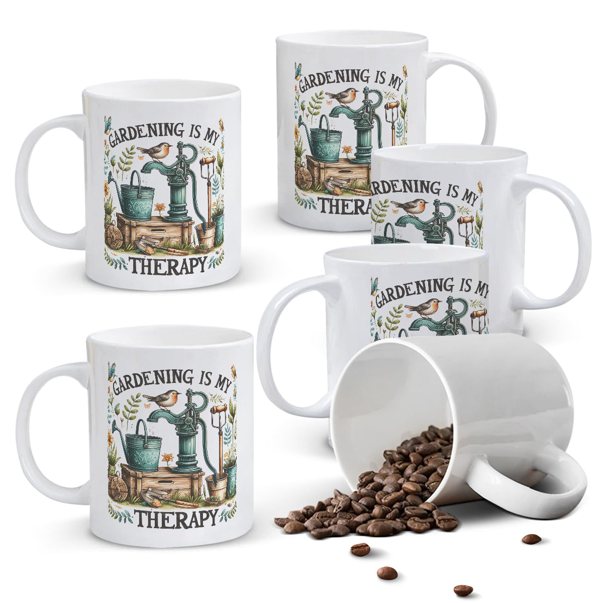 Alphynix Mug en céramique blanc 1 pièce 11 oz avec arrosoir, pelle et fleurs épanouies avec oiseau