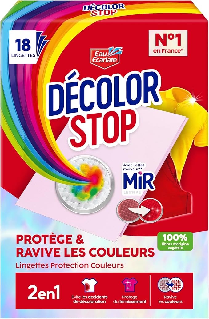 Eau Écarlate Lingettes de Protection des Couleurs, Stop à la Décoloration & Restauration des Couleurs, 18 Lingettes
