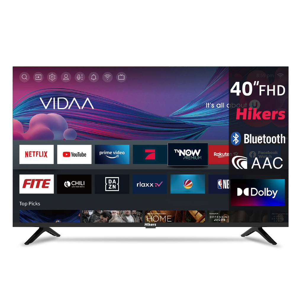 Hikers Smart TV 40 pouces FHD WiFi VIDAA avec Triple Tuner DVB-T/T2/S/S2/C, HDMI x3, USB x2, CI+, commande vocale et applications de streami