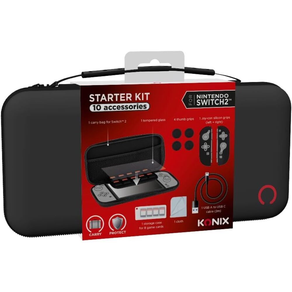 Konix Pack d'accessoires gaming Starter Kit pour console Nintendo Switch 2 - Housse - 4 appuie-pouces - Verre trempé - Boîtier 9 jeux - Écouteurs