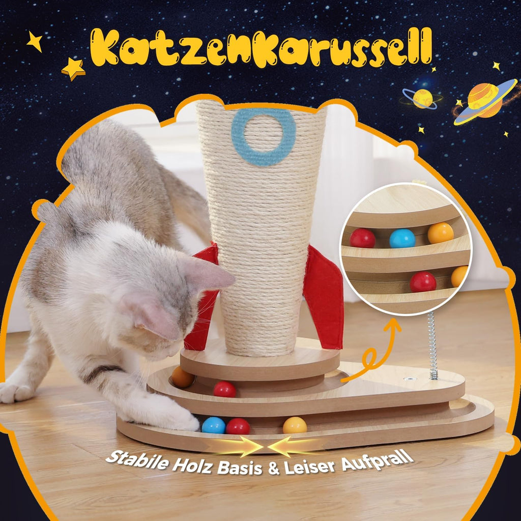 PAWZ Road Jouet interactif pour chat avec griffoir en forme de fusée, griffoir en sisal & piste de balle avec volant en bois massif 63 cm, multifonctionnel, favorise l'entretien des griffes & la protection des meubles